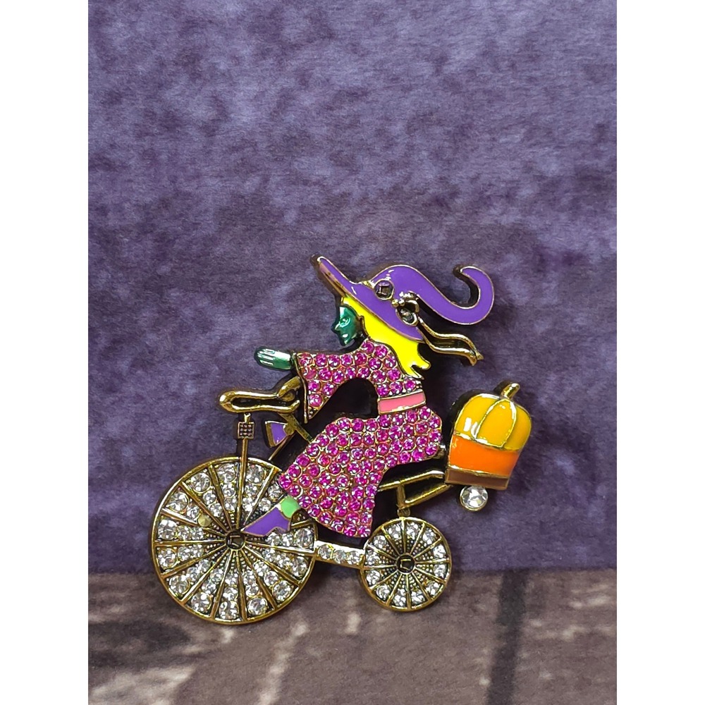 Witch‎ Riding Bicycle Halloween Brooch Crystal Rhinestone Enamel Costume Jewelry